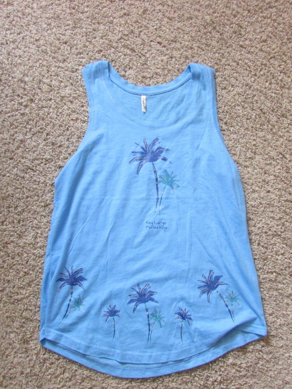 NWOT Large Blue Key Largo Florida Keys Tank Top Glitter Palm Trees Longer